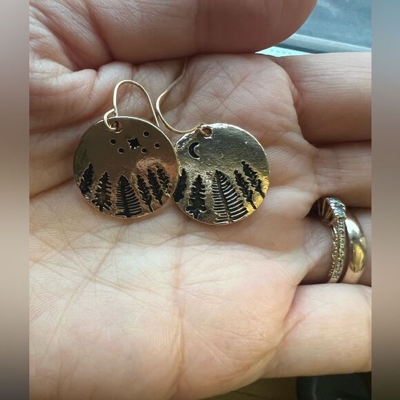 Gold Plated Nature Trees and Moon  Earrings - Picture 3 of 3
